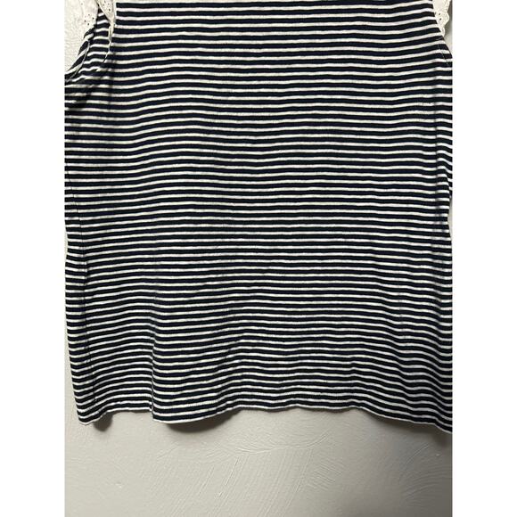 J by J Crew Navy Blue White Tee Striped Capped Sleeve Lace Eyelet Detail Top L - Picture 3 of 10